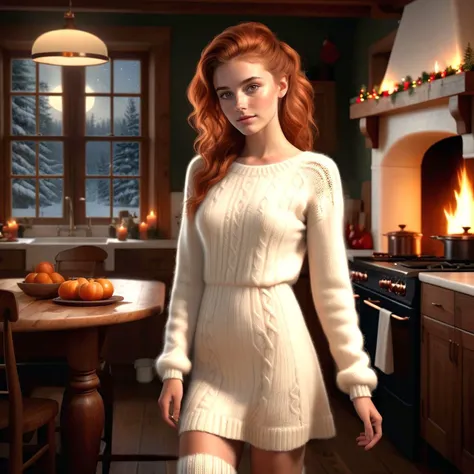 16k, masterpiece, photorealistic,a cute british girl , delicate light brown eyes , fiery copper prom hairstyle ,ivory skin, soft skin texture, skin grain, wool knitted santa short dress , angora knitted long socks ,cozy kitchen in a wood forest lodge, nightime