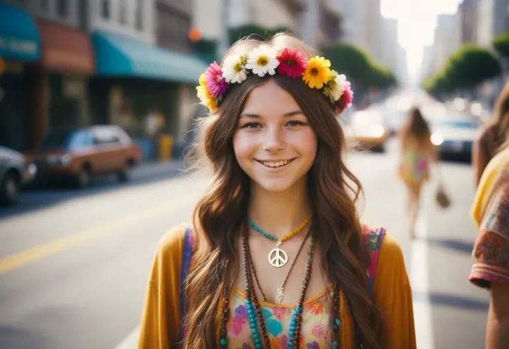 cinematic photo (beautiful:1.1), a young hippie girl in the 70s, brown hair, wearing a flower crown and colorful clothes , smilinga,a peace sign necklace, San-Francisco street, 50mm photograph, film, bokeh, professional, 4k, highly detailed