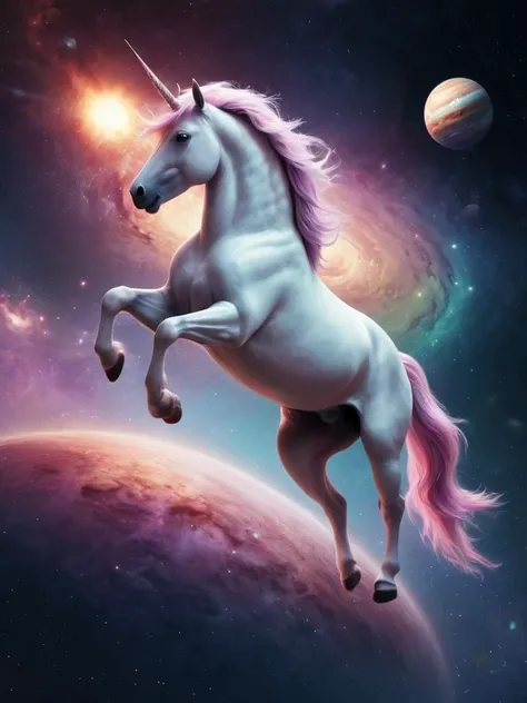 a photo of a unicorn in outerspace, galaxy in the background, planets, realistic