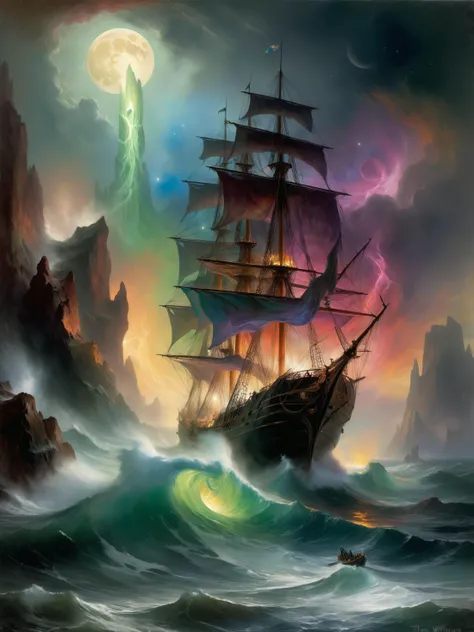 a famous artwork by (thomas moran:1.2) showing a masterfully painted image of a scene (by h.p. lovecraft:1.2), an (eerie ghostly sailing ship:1.2) emenating (mysterious colorful eldritch energy:1.4) is sailing on a (stormy sea:1.2) through towering jagged rock formations, its imposing sails (glow in the dark with unnatural luminescence:1.4), the night sky is dominated by (colorful galactic nebulae:1.2) and a (large baleful moon:1.2)