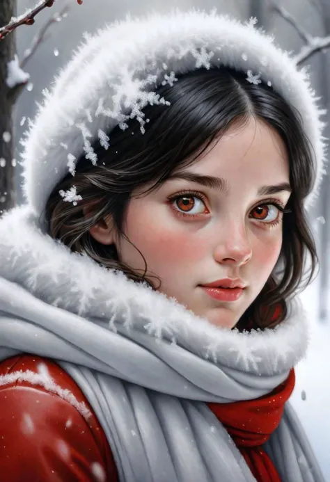 photorealistic, hyperrealism, portrait of a cute lady , (snowing), iced hazel eyes, silk skin texture, skin grain, black hair , red, held snow on face