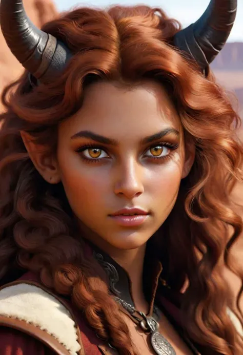 Realistic highly detailed cowboy shot photo of a 19-year-old tiefling girl with a skin of a warm brown   almost copper   hue. (((Her eyes have amber-colored irises and oval pupils))). She has long curly hair in different soft red hues. She has two very small black horns. She has two very small and delicately pointed ears. She is wearing a white blouse under a leather vest and is standing in a mediveal city street in front of a stone wall.
In the background you can see parts of the city.