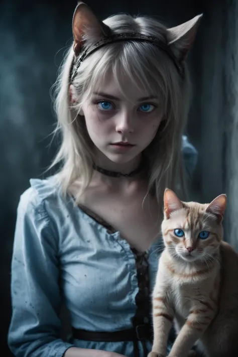 mid shot photography, a real life female cat-girl, Alice Ingram, sky blue eyes, RAW image, Beautiful Real Textures & Delicate Aesthetics, Remarkable Homage to Silent Hill Energy by Psykhosis., noise, JPEG artifacts, poor lighting, low light, underexposed, high contrast,