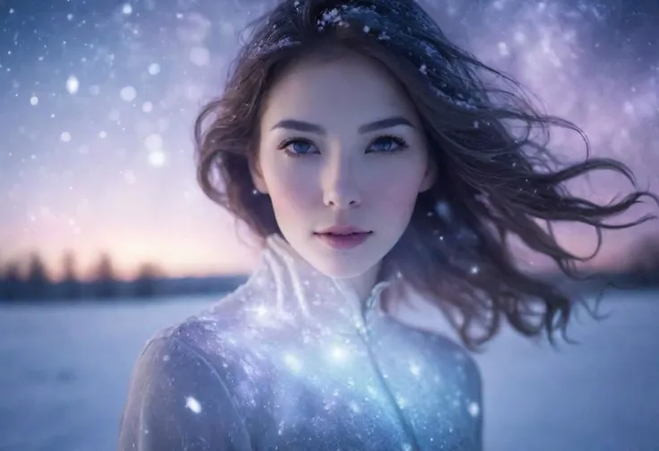 A close up fantastic image of a woman's outline containing the entire galaxy inside of her, as she stands in a field covered in snow, a soft aura surrounding her