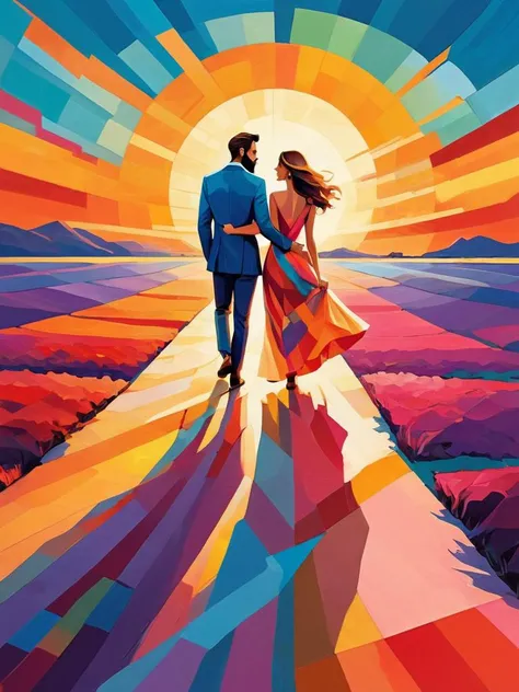 Color Field Painting A man with a beard and a beautiful woman wearing a dress in love walking into the sunset, abstract, simple, geometric, color field painting style