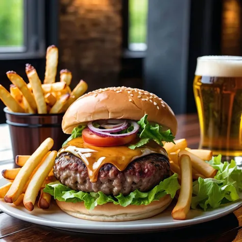 50mm, a yummy burger with salad, french fries and fresh pale beer , cozy