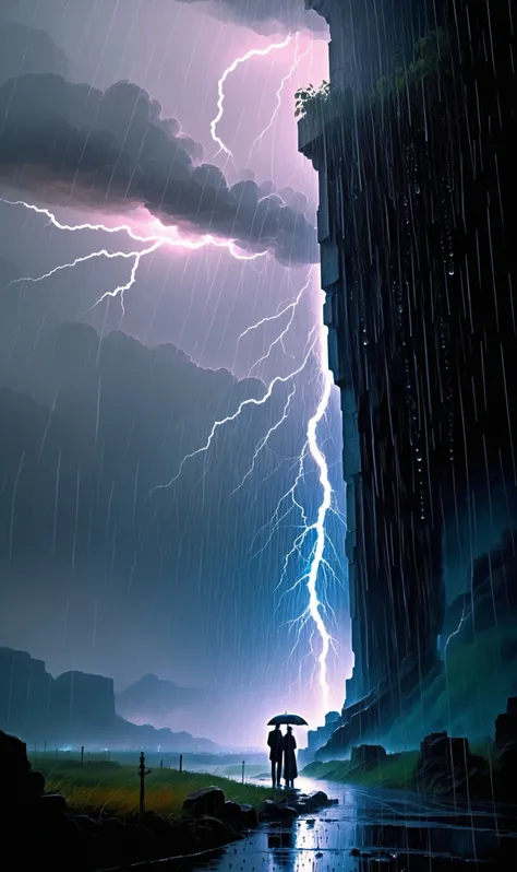 melancholy mistrusting manipulative, Torrential Rain Cascading droplets create a thunderous symphony, in the style of John Martin and Carlos Berlanga