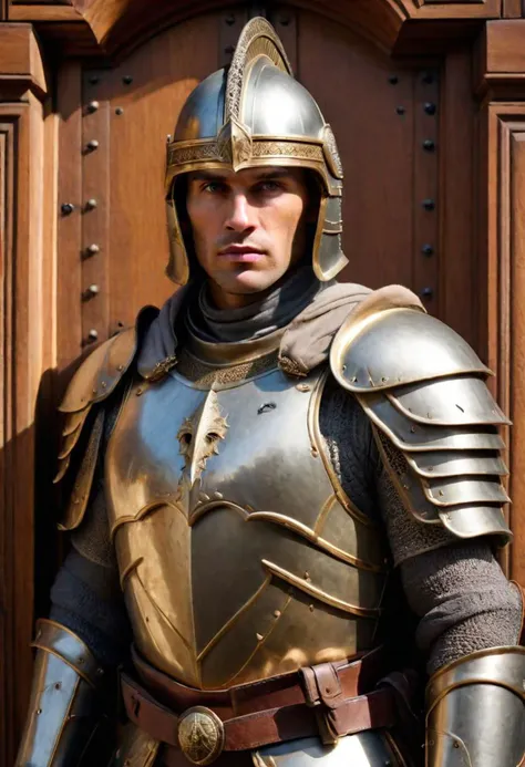 Realistic close up portrait photo of a strong slightly asian looking male european paladin, detailed and perfect face, standing guard in front of a huge wooden palace door, photorealism, flattering light, wearing an helmet without crest, ((((looking at watcher))))
