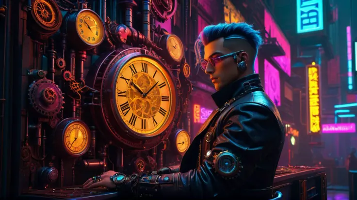 cyberpunk cityscape Steampunk, a cyberpunk man checking the time, retrofuturistic science fantasy, steam-powered tech, vintage industry, gears, neo-victorian, steampunk . neon lights, dark alleys, skyscrapers, futuristic, vibrant colors, high contrast, highly detailed, detailed skin texture, (blush:0.5), (goosebumps:0.5), subsurface scattering