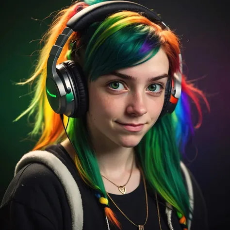 art photography, 50 mm, sharp, a 19 yrs irish gamer girl looking at viewer, headphones, dark green eyes, rainbow blowout hair, jewelry, skin texture, skin grain, shy smirk, eclectic , background inside dark
