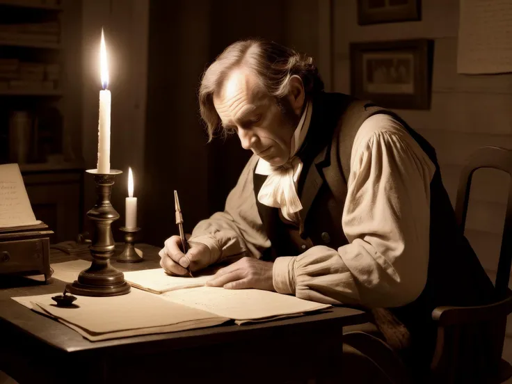 photo, 1800s, 

a clerk like Bob Cratchit sits at his desk writing in a ledger by candlelight, using a quill, inkwell, sepia, sharp focus