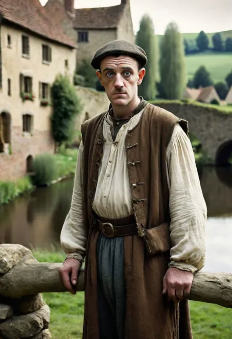 A realistic, sharp and detailed portrait photo of a lanky and dumb looking peasant man in cheap mediveal linnen clothing, looking a bit like Stan Laurel. He is looking at the watcher while standing in front of an old curved stonebridge over a river that is about 5 meters wide. Some mediveal farm buildings in the background.
((((looking at the watcher))))