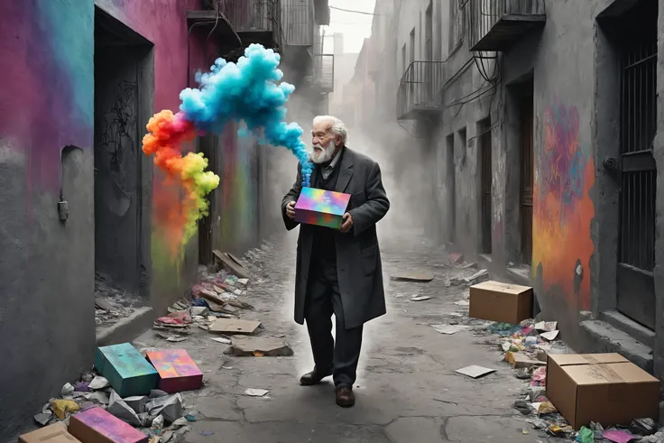 ((photorealistic)), hyperrealistic, ((best quality)), very old happy man in a back alley holding a small magical colored box with an intricate design, colorful smoke pours out of walls, (smoke gets sucked into the box:1.3), stealing all colors, (gray colorless buildings:1.3), (colorless:1.3), (desaturated:1.2), dead end, garbage, ruins, debris, shattered, tattered clothes, extremely detailed, cinematic lighting