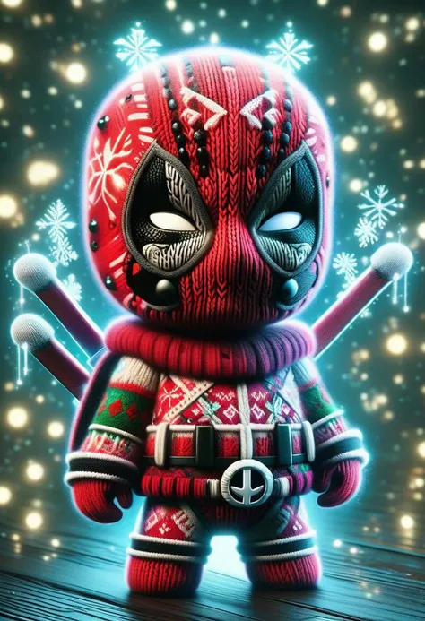 christmassweater, Highly detailed Dynamic shot of adorable Deadpool, high quality, beautiful masterpiece, fantasy creature, kawaii, digital art, glowing sparkles