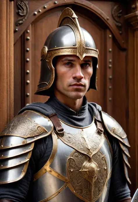 Realistic close up portrait photo of a strong slightly asian looking male european paladin, detailed and perfect face, standing guard in front of a huge wooden palace door, photorealism, flattering light, wearing an helmet without crest, ((((looking at watcher))))