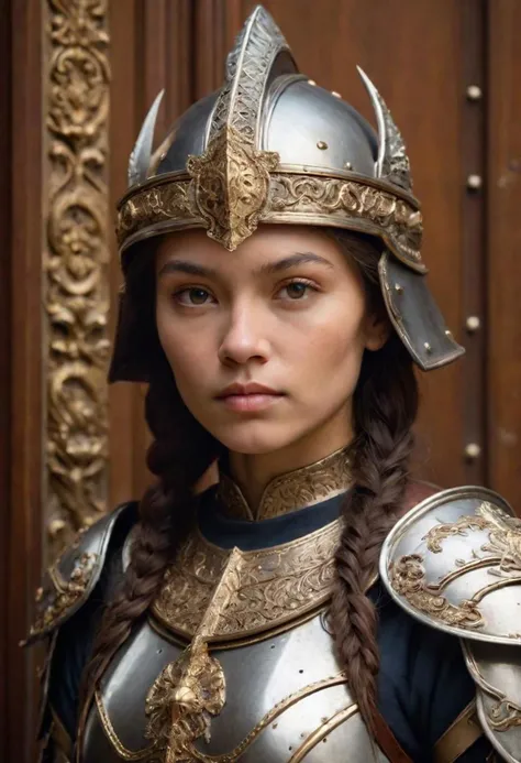 Realistic close up portrait photo of a beautifull slightly asian looking female european paladin, detailed and perfect face, standing guard in front of a huge wooden palace door, photorealism, flattering light, wearing an ornate helmet without crest, holding a longsword