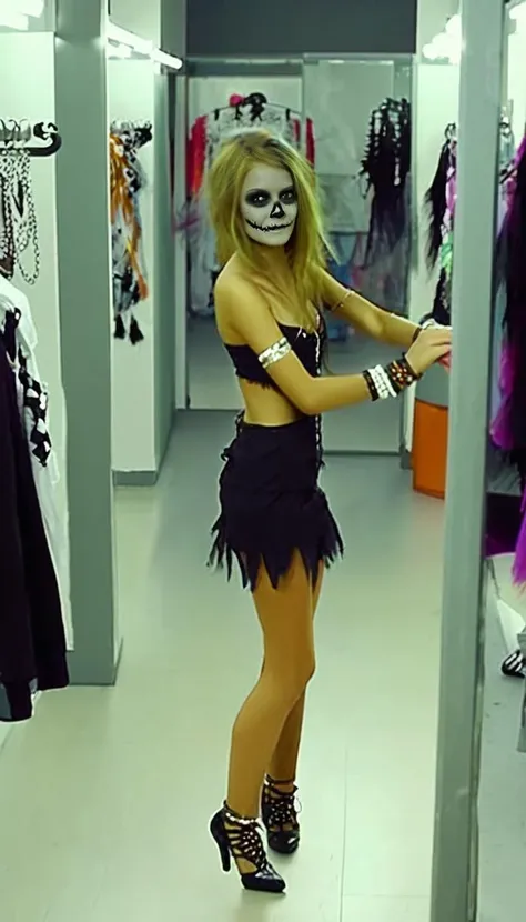 <lora:HalloweenGirls:1>halloween, a young women, bracelet, dancing, in a clothing shop changing room, flirting with the viewer,
