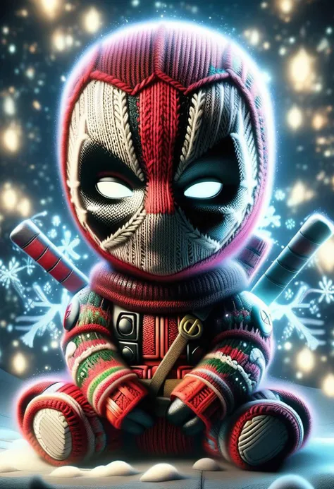 christmassweater, Highly detailed Dynamic shot of adorable Deadpool, high quality, beautiful masterpiece, fantasy creature, kawaii, digital art, glowing sparkles