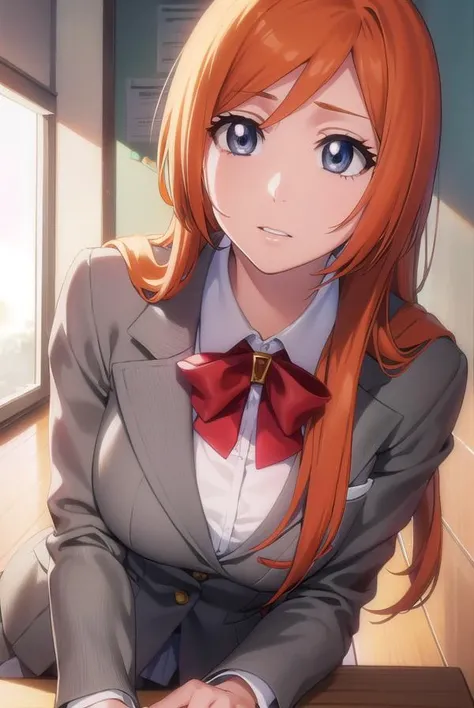 inoueorihime, <lyco:originalinoueorihime-lyco-nochekaiser:1>,
inoue orihime, long hair, orange hair, (grey eyes:1.5),
BREAK skirt, bow, school uniform, jacket, blazer, grey jacket,
BREAK looking at viewer, full body,
BREAK indoors, classroom,
BREAK <lyco:GoodHands-beta2:1>, (masterpiece:1.2), best quality, high resolution, unity 8k wallpaper, (illustration:0.8), (beautiful detailed eyes:1.6), extremely detailed face, perfect lighting, extremely detailed CG, (perfect hands, perfect anatomy),