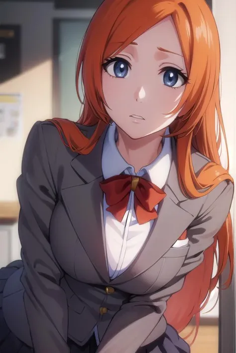 inoueorihime, <lyco:originalinoueorihime-lyco-nochekaiser:1>,
inoue orihime, long hair, orange hair, (grey eyes:1.5),
BREAK skirt, bow, school uniform, jacket, blazer, grey jacket,
BREAK looking at viewer, full body,
BREAK indoors, classroom,
BREAK <lyco:GoodHands-beta2:1>, (masterpiece:1.2), best quality, high resolution, unity 8k wallpaper, (illustration:0.8), (beautiful detailed eyes:1.6), extremely detailed face, perfect lighting, extremely detailed CG, (perfect hands, perfect anatomy),