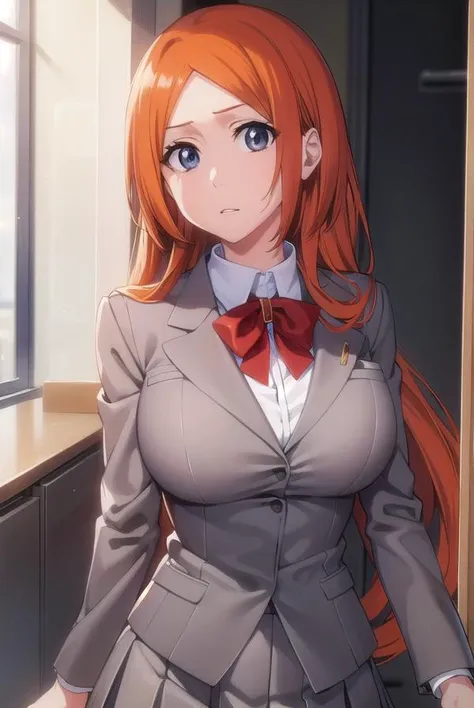 inoueorihime, <lyco:originalinoueorihime-lyco-nochekaiser:1>,
inoue orihime, long hair, orange hair, (grey eyes:1.5),
BREAK skirt, bow, school uniform, jacket, blazer, grey jacket,
BREAK looking at viewer, full body,
BREAK indoors, classroom,
BREAK <lyco:GoodHands-beta2:1>, (masterpiece:1.2), best quality, high resolution, unity 8k wallpaper, (illustration:0.8), (beautiful detailed eyes:1.6), extremely detailed face, perfect lighting, extremely detailed CG, (perfect hands, perfect anatomy),