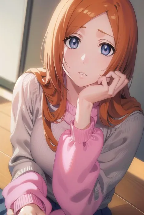 inoueorihime, <lyco:originalinoueorihime-lyco-nochekaiser:1>,
inoue orihime, long hair, orange hair, (grey eyes:1.5),
BREAK sweater, (pink sweater:1.5), long sleeves, puffy sleeves, skirt, blue skirt, long skirt,
BREAK looking at viewer, full body,
BREAK indoors, classroom,
BREAK <lyco:GoodHands-beta2:1>, (masterpiece:1.2), best quality, high resolution, unity 8k wallpaper, (illustration:0.8), (beautiful detailed eyes:1.6), extremely detailed face, perfect lighting, extremely detailed CG, (perfect hands, perfect anatomy),