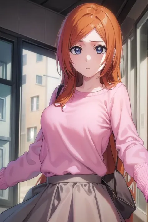 inoueorihime, <lyco:originalinoueorihime-lyco-nochekaiser:1>,
inoue orihime, long hair, orange hair, (grey eyes:1.5),
BREAK sweater, (pink sweater:1.5), long sleeves, puffy sleeves, skirt, blue skirt, long skirt,
BREAK looking at viewer, full body,
BREAK indoors, classroom,
BREAK <lyco:GoodHands-beta2:1>, (masterpiece:1.2), best quality, high resolution, unity 8k wallpaper, (illustration:0.8), (beautiful detailed eyes:1.6), extremely detailed face, perfect lighting, extremely detailed CG, (perfect hands, perfect anatomy),