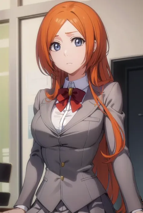 inoueorihime, <lyco:originalinoueorihime-lyco-nochekaiser:1>,
inoue orihime, long hair, orange hair, (grey eyes:1.5),
BREAK skirt, bow, school uniform, jacket, blazer, grey jacket,
BREAK looking at viewer, full body,
BREAK indoors, classroom,
BREAK <lyco:GoodHands-beta2:1>, (masterpiece:1.2), best quality, high resolution, unity 8k wallpaper, (illustration:0.8), (beautiful detailed eyes:1.6), extremely detailed face, perfect lighting, extremely detailed CG, (perfect hands, perfect anatomy),