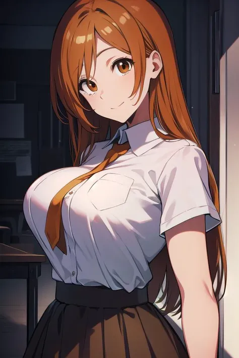 inoueorihime, <lyco:inoueorihime-LYCORIStest:1>, inoue orihime, orange, hair, long hair, (brown eyes:1.7), hairpin, smile, (medium breast:1.2),
BREAK school uniform,
BREAK looking at viewer,
BREAK indoors, classroom,
BREAK <lora:GoodHands-vanilla:1>, (masterpiece:1.2), best quality, high resolution, unity 8k wallpaper, (illustration:0.8), (beautiful detailed eyes:1.6), extremely detailed face, perfect lighting, extremely detailed CG, (perfect hands, perfect anatomy),