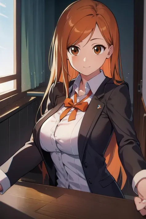 inoueorihime, <lyco:inoueorihime-LYCORIStest:1>, inoue orihime, orange hair, long hair, (brown eyes:1.7), hairpin, smile, (medium breast:1.2), 
BREAK school uniform,
BREAK looking at viewer, 
BREAK indoors, classroom, 
BREAK <lora:GoodHands-vanilla:1>, (masterpiece:1.2), best quality, high resolution, unity 8k wallpaper, (illustration:0.8), (beautiful detailed eyes:1.6), extremely detailed face, perfect lighting, extremely detailed CG, (perfect hands, perfect anatomy),