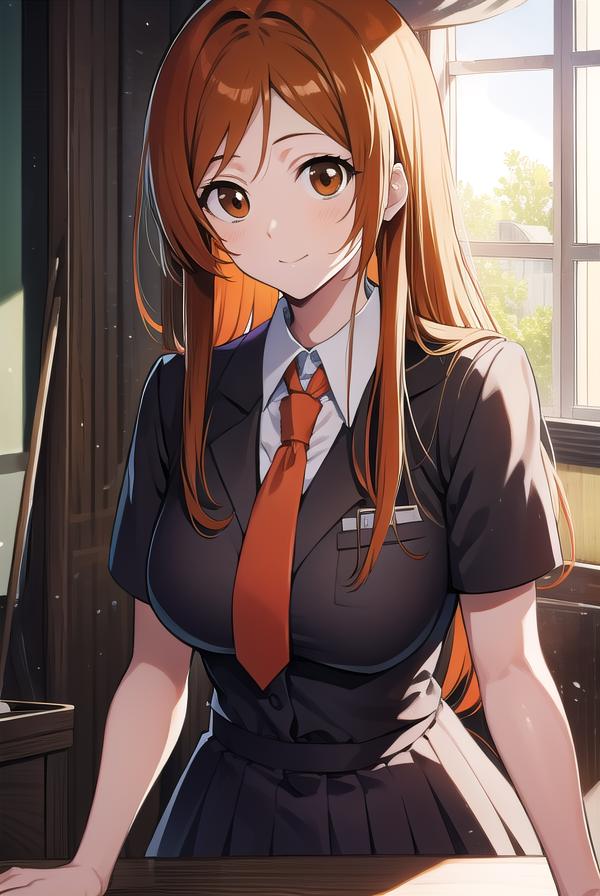 Anime girl in uniform standing in front of a window with a red tie ...