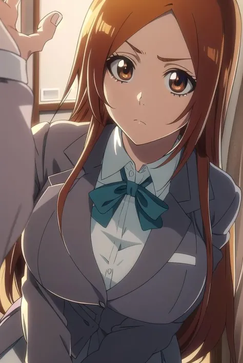 inoueorihime, <lyco:inoueorihimeTBW-LYCORIStest:1>,
inoue orihime, long hair, orange hair, (brown eyes:1.5), (large breast:1.2),
BREAK school uniform, blazer,
BREAK looking at viewer,
BREAK indoors, classroom,
BREAK <lora:GoodHands-vanilla:1>, (masterpiece:1.2), best quality, high resolution, unity 8k wallpaper, (illustration:0.8), (beautiful detailed eyes:1.6), extremely detailed face, perfect lighting, extremely detailed CG, (perfect hands, perfect anatomy),