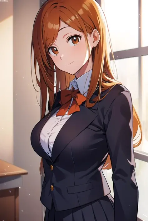inoueorihime, <lyco:inoueorihime-LYCORIStest:1>, inoue orihime, orange, hair, long hair, (brown eyes:1.7), hairpin, smile, (medium breast:1.2),
BREAK school uniform,
BREAK looking at viewer,
BREAK indoors, classroom,
BREAK <lora:GoodHands-vanilla:1>, (masterpiece:1.2), best quality, high resolution, unity 8k wallpaper, (illustration:0.8), (beautiful detailed eyes:1.6), extremely detailed face, perfect lighting, extremely detailed CG, (perfect hands, perfect anatomy),