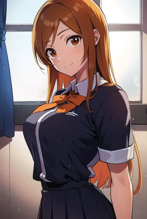 Orihime inoue, bleach, 1girl, solo, school dress,skirt, Halloween Grey,hair between eyes, long hair, hair ornament, looking at viewer, messy hair,  orange hair, solo, thighhighs, thighs, long hair, ((masterpiece)), standing, sexy pose, blush, shy, smile, closes mouth,