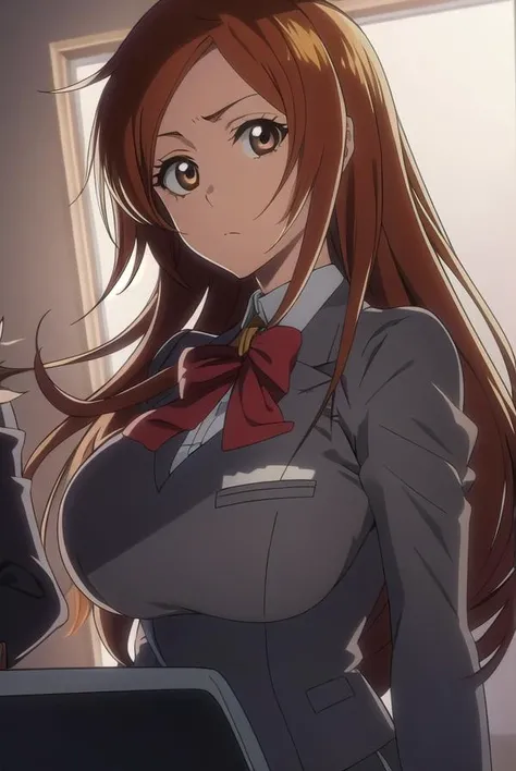inoueorihime, <lyco:inoueorihimeTBW-LYCORIStest:1>,
inoue orihime, long hair, orange hair, (brown eyes:1.5), (large breast:1.2),
BREAK school uniform, blazer,
BREAK looking at viewer,
BREAK indoors, classroom,
BREAK <lora:GoodHands-vanilla:1>, (masterpiece:1.2), best quality, high resolution, unity 8k wallpaper, (illustration:0.8), (beautiful detailed eyes:1.6), extremely detailed face, perfect lighting, extremely detailed CG, (perfect hands, perfect anatomy),