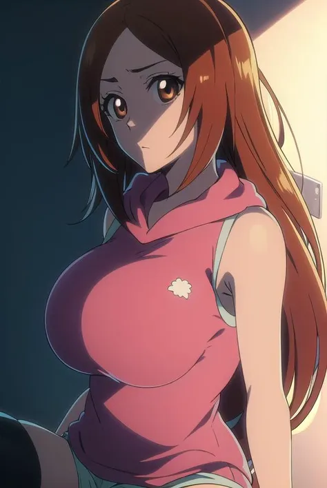 inoueorihime, <lora:inoueorihimeTBWtest:1>,
inoue orihime, long hair, orange hair, (brown eyes:1.5), (large breast:1.2),
BREAK sthighhighs, shorts, sleeveless, hood, hoodie, pink hoodie,
BREAK looking at viewer,
BREAK outdoors,
BREAK <lora:GoodHands-vanilla:1>, (masterpiece:1.2), best quality, high resolution, unity 8k wallpaper, (illustration:0.8), (beautiful detailed eyes:1.6), extremely detailed face, perfect lighting, extremely detailed CG, (perfect hands, perfect anatomy),