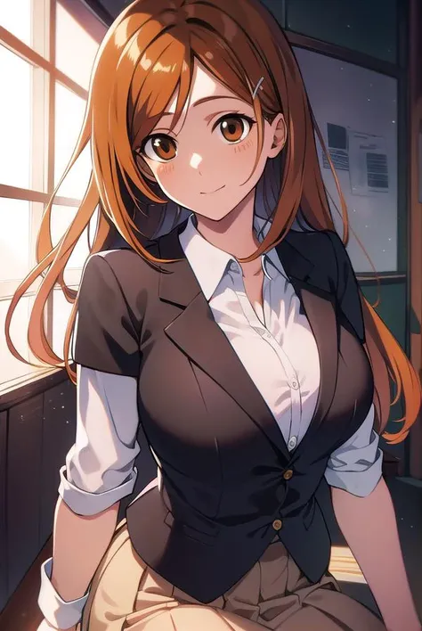 inoueorihime, <lyco:inoueorihime-LYCORIStest:1>, inoue orihime, orange, hair, long hair, (brown eyes:1.7), hairpin, smile, (medium breast:1.2), 
BREAK school uniform,
BREAK looking at viewer, 
BREAK indoors, classroom, 
BREAK <lora:GoodHands-vanilla:1>, (masterpiece:1.2), best quality, high resolution, unity 8k wallpaper, (illustration:0.8), (beautiful detailed eyes:1.6), extremely detailed face, perfect lighting, extremely detailed CG, (perfect hands, perfect anatomy),