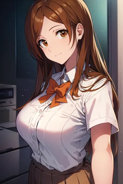 inoueorihime, <lyco:inoueorihime-LYCORIStest:1>, inoue orihime, orange, hair, long hair, (brown eyes:1.7), hairpin, smile, (medium breast:1.2),
BREAK school uniform,
BREAK looking at viewer,
BREAK indoors, classroom,
BREAK <lora:GoodHands-vanilla:1>, (masterpiece:1.2), best quality, high resolution, unity 8k wallpaper, (illustration:0.8), (beautiful detailed eyes:1.6), extremely detailed face, perfect lighting, extremely detailed CG, (perfect hands, perfect anatomy),