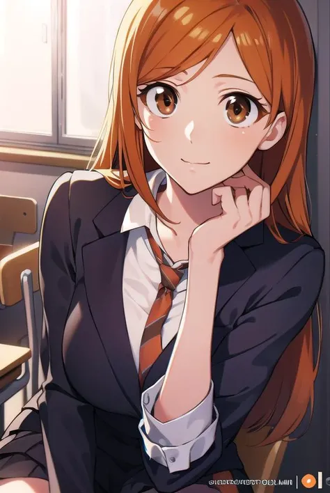 inoueorihime, <lyco:inoueorihime-LYCORIStest:1>, inoue orihime, orange hair, long hair, (brown eyes:1.7), hairpin, smile, (medium breast:1.2), 
BREAK school uniform,
BREAK looking at viewer, 
BREAK indoors, classroom, 
BREAK <lora:GoodHands-vanilla:1>, (masterpiece:1.2), best quality, high resolution, unity 8k wallpaper, (illustration:0.8), (beautiful detailed eyes:1.6), extremely detailed face, perfect lighting, extremely detailed CG, (perfect hands, perfect anatomy),