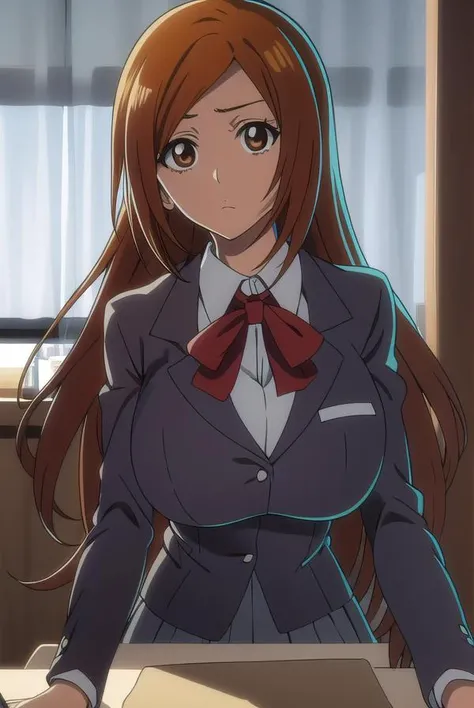inoueorihime, <lyco:inoueorihimeTBW-LYCORIStest:1>,
inoue orihime, long hair, orange hair, (brown eyes:1.5), (large breast:1.2),
BREAK school uniform, blazer,
BREAK looking at viewer,
BREAK indoors, classroom,
BREAK <lora:GoodHands-vanilla:1>, (masterpiece:1.2), best quality, high resolution, unity 8k wallpaper, (illustration:0.8), (beautiful detailed eyes:1.6), extremely detailed face, perfect lighting, extremely detailed CG, (perfect hands, perfect anatomy),