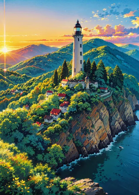 <lora:Ghibli_v6:0.8> <lora:add_detail:0.5>
((masterpiece)), (best quality), (ultra detailed), (digital), medieval era lighthouse overlooking cliff, ocean, sunrise, forest, mountains, anime style, intricate, elaborate detail, ((vivid)) colors, high saturation