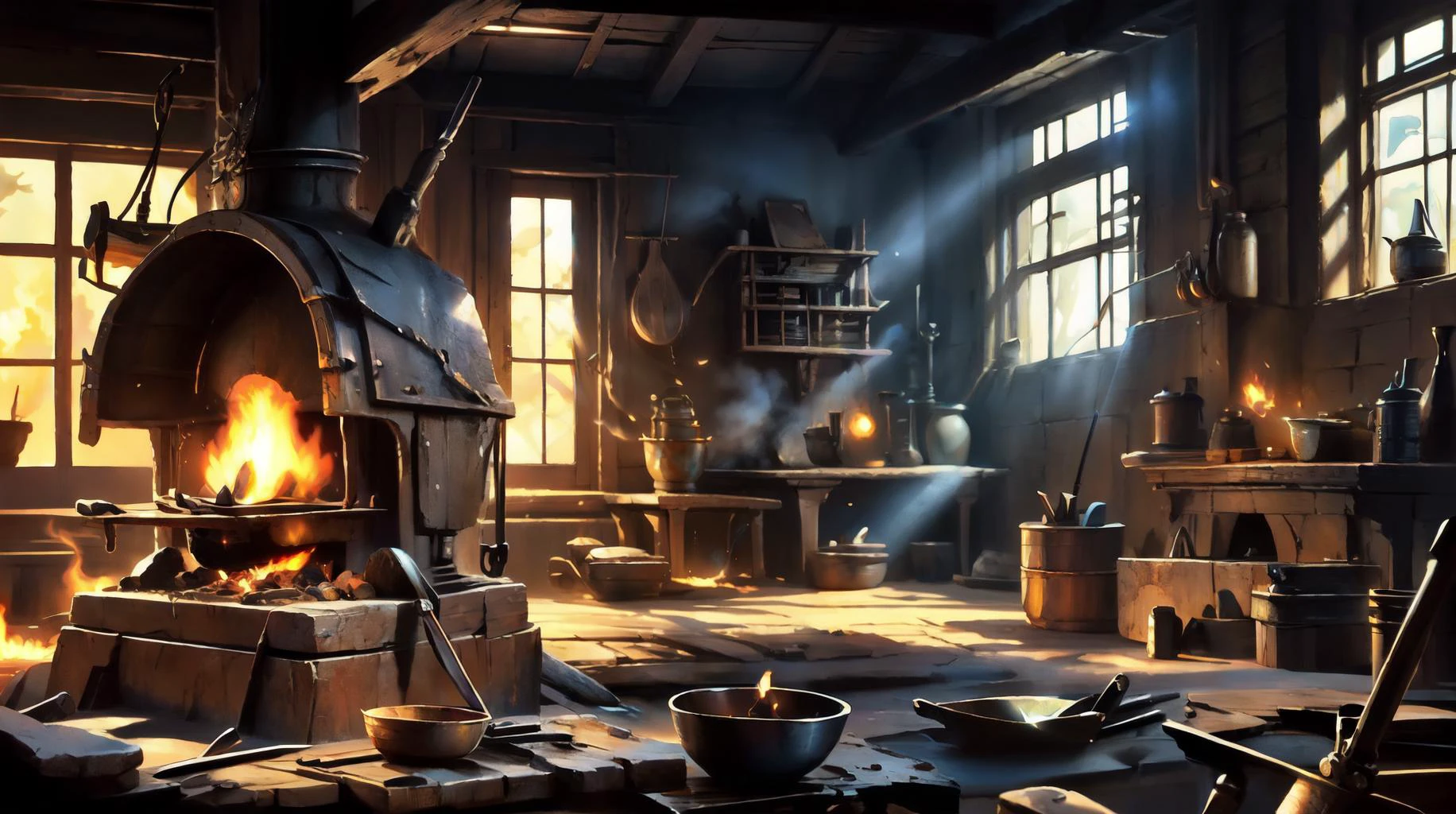 Sturdy wooden worktable covered in metalworking tools (tongs chisels hammers),An open forge with controlled flames,Soft warm lighting from the forge casting a cozy ambiance,Swirling embers and sparks capturing the dynamic nature of metalworking,An anvil worn with use at the center of the workspace,Rough-hewn stone walls with visible soot and marks from years of craftsmanship,Shelves displaying raw materials like iron ingots and metal sheets,Finished metal pieces showcasing the artistry and skill of the metalsmith, (Medieval era), Fantasy artstyle, no human, <lora:STYLE Ghibli_v6:1> ghibli style, intricate, elegant, highly detailed, digital painting, artstation, concept art, matte, sharp focus, illustration, hearthstone, art by Artgerm and Greg Rutkowski and Alphonse Mucha