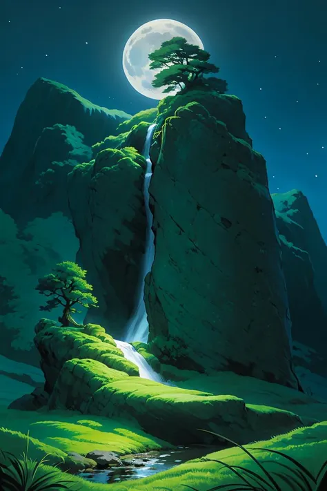 masterpiece, (((best quality))),<lora:Pyramid lora_Ghibli_n3:1>, landscape, dark night, bright moon, weak star, cliff, wind blowing, green grass, fantasy, magic world, waterfall,