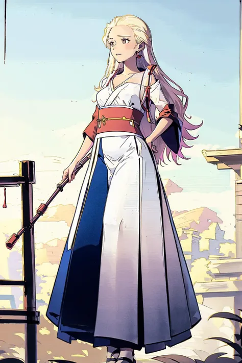 best quality, highly detailed, promotional, <lora:HaruSWVisions_V1-Manityro-dadpt:.9> HAlt, long hair, earrings, red robe, strapless, white shirt, blue sash, white skirt, long skirt <lora:Ghibli_v6:0.8> scenery,