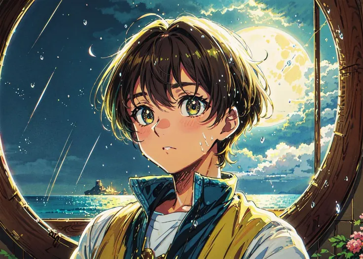 <lora:Ghibli_v6:0.8> <lora:add_detail:0.5>
((masterpiece)), (best quality), (ultra detailed), (digital), ocean of mirrored glass, cute anime boy, solo, brown hair, hazel eyes, rain, moon, stars, anime style, intricate, elaborate detail, ((vivid)) colors, high saturation