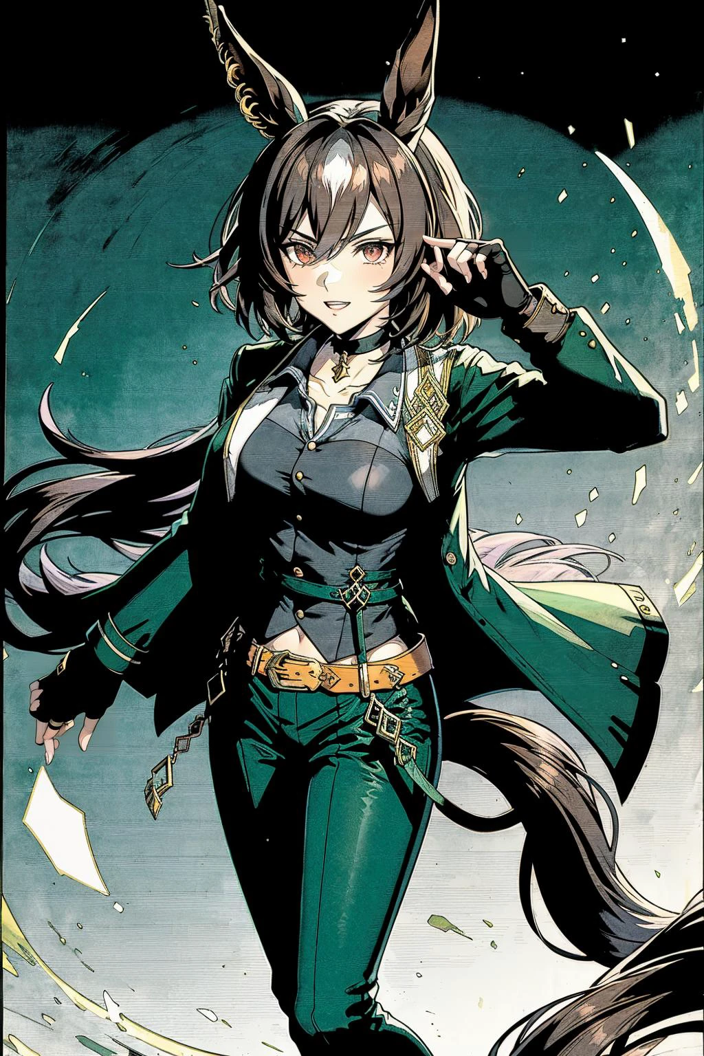 best quality, highly detailed, beauty, <lora:umamusume_siriussymboli-10:.9> sirius symboli, horse ears, horse tail, green jacket, collared shirt, fingerless gloves, green pants, choker, belt <lora:Ghibli_v6:0.8> scenery,