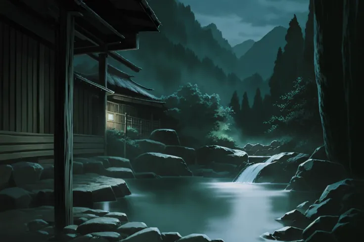 <lora:P_GHIBLI_V3:1> (((best quality))), onsen at night