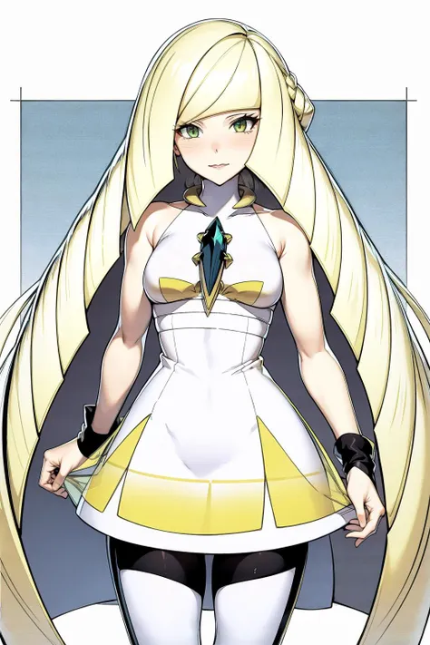 best quality, highly detailed, headshot, <lora:lusamine-pokemon-richy-v1:.9> lusaminedef, mature female, very long hair, gem, sleeveless dress, short dress, white leggings, <lora:Ghibli_v6:0.8> scenery,