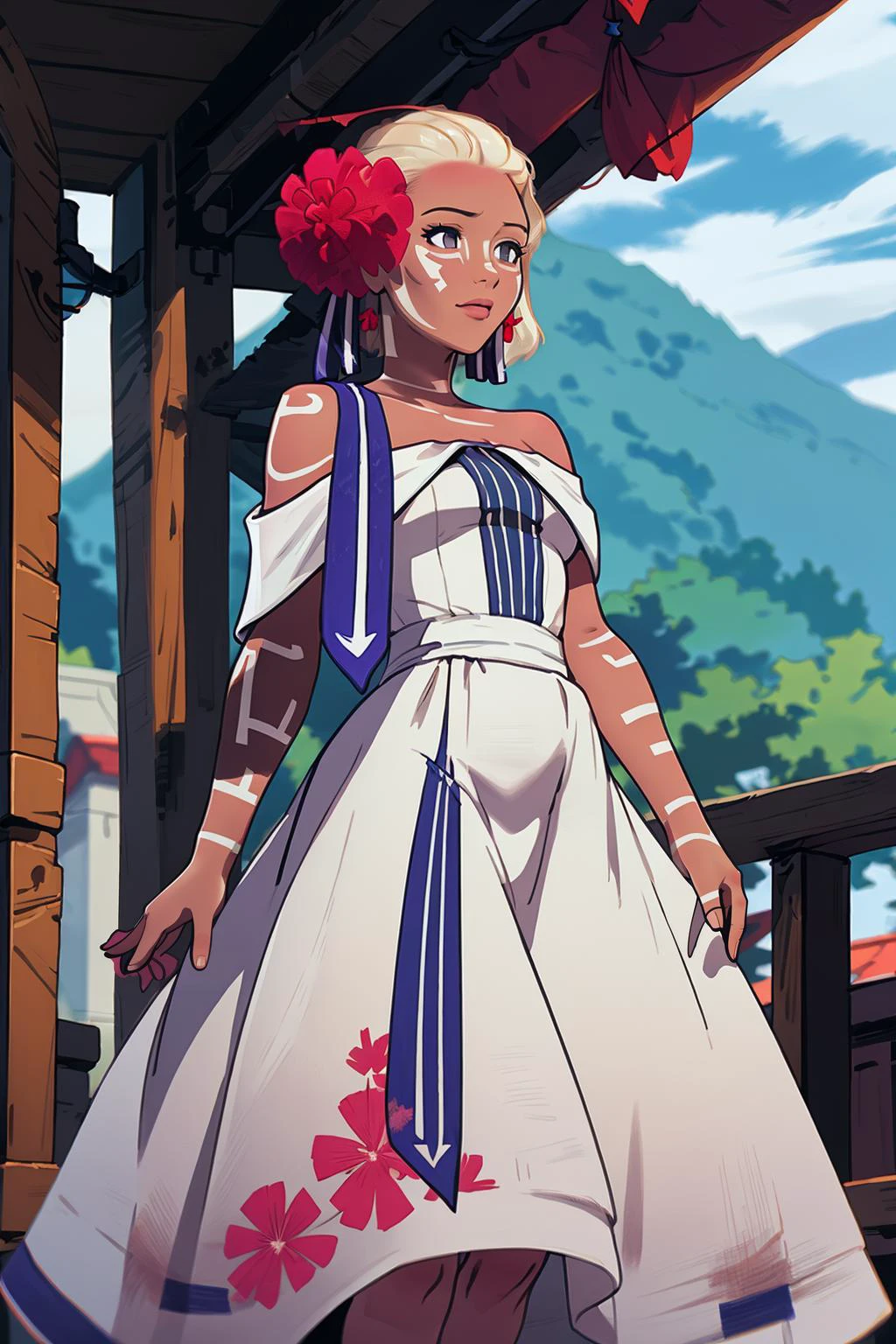 best quality, highly detailed, lifestyle, <lora:HaruSWVisions_V1-Manityro-dadpt:.9> HMain, facial mark, bodypaint, hair flower, hair ribbon, short hair, white dress, strapless, off shoulder, bare shoulders, sleeveless, white sash, vertical-striped dress, <lora:Ghibli_v6:0.8> scenery,