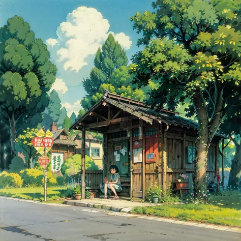 (style of studio ghibli), (masterpiece, best quality), 1girl and totoro,  totoro bus stop,  <lora:Pyramid lora_Ghibli_n3:1>